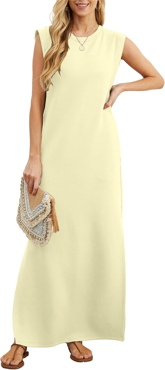 GRECERELLE 2025 Women Year-Round Casual Round Neck Loose Split Wrinkle-Free Long Maxi Vacation Dress with Pockets (XS-3XL)