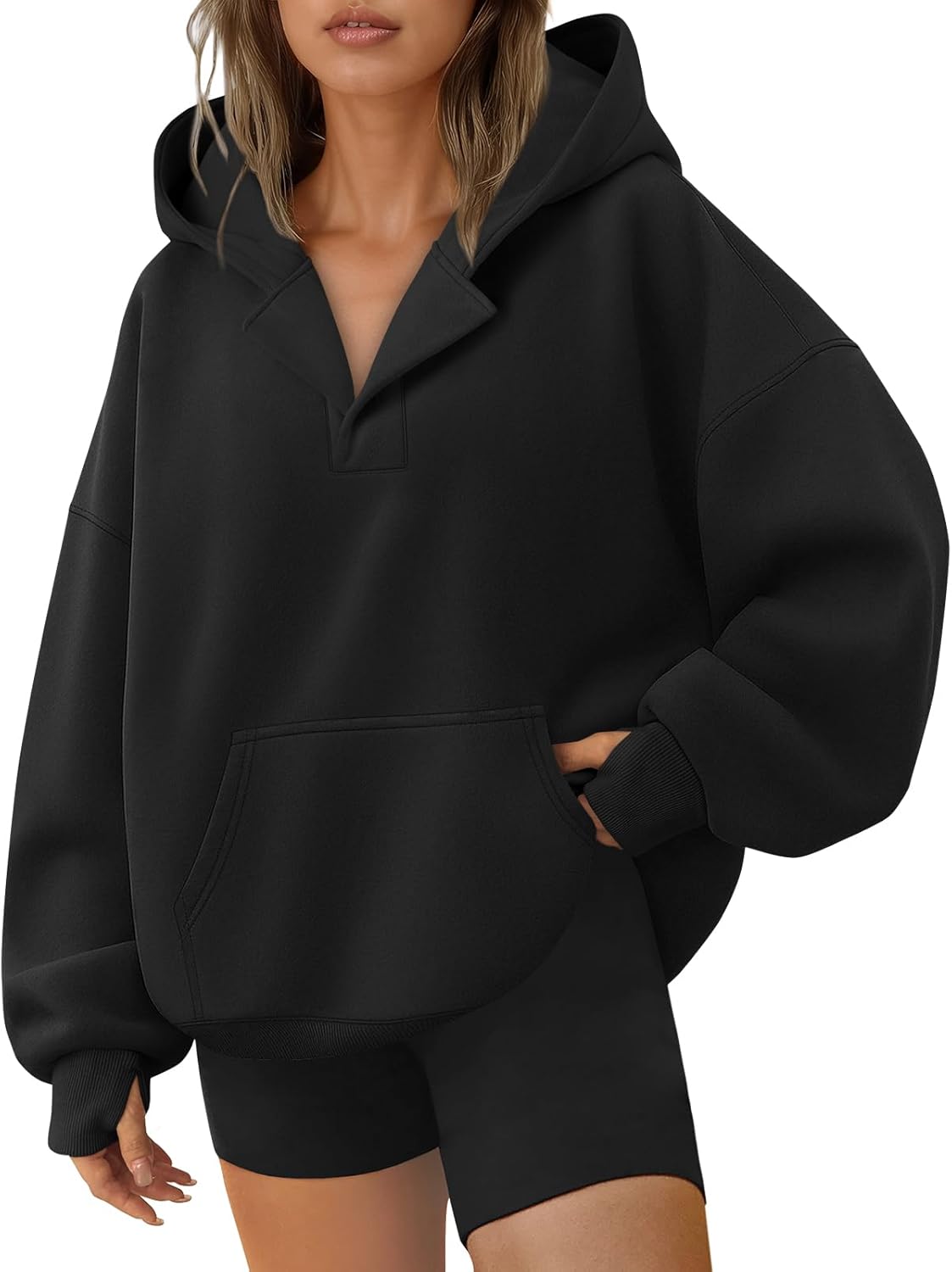 Trendy Queen Womens Oversized V Neck Hoodies with Thumb Hole Pullover Sweatshirts Y2k Clothes Fall Fashion Outfits 2025