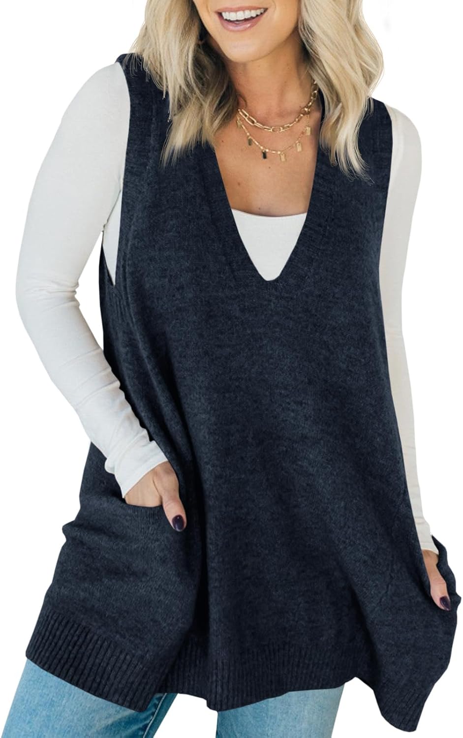 Saodimallsu Womens Sleeveless Sweater Vest V Neck Casual Loose Knit A Line Flattering Tunic Top with Pockets