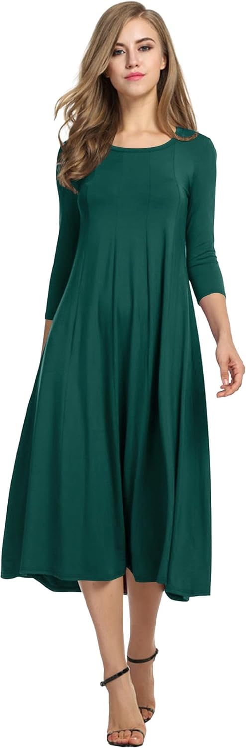 HOTOUCH Women's 3/4 Sleeve A-line and Flare Midi Long Dress