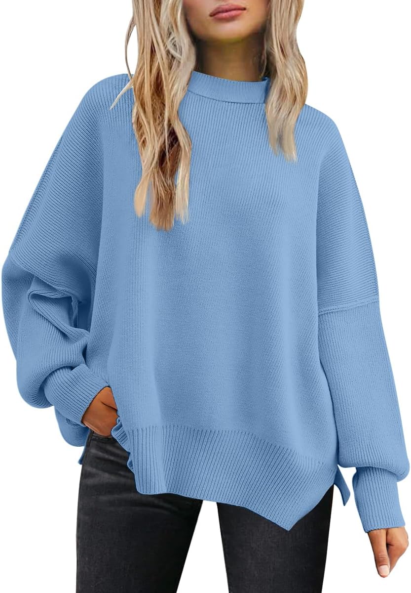LILLUSORY Women's Oversized Batwing Sweaters 2025 Fall Outfits Trendy Crewneck Knit Side Slit Fashion Pullover Tops