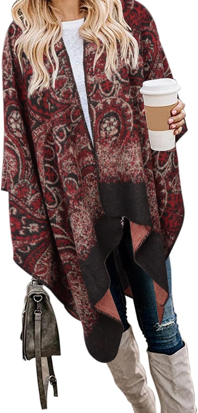Bestshe Women's Boho Open Front Poncho Knitted Plaid Shawl Wrap Cape Tassel Cardigan Sweater