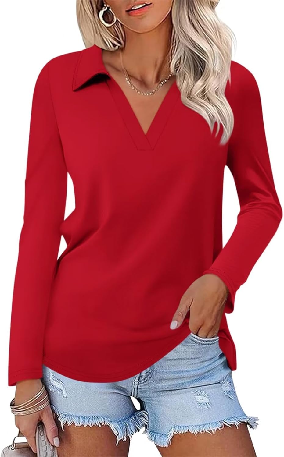 ORANDESIGNE Women's Long Sleeve Polo Shirts Casual Color Block V Neck Tops Fall Collar Ladies Tunics Tees
