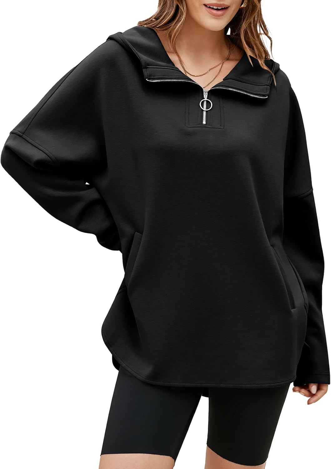 EVALESS Women's Oversized Hoodies Casual Long Sleeve Half Zipper Pocket Sweatshirt Pullover Tops