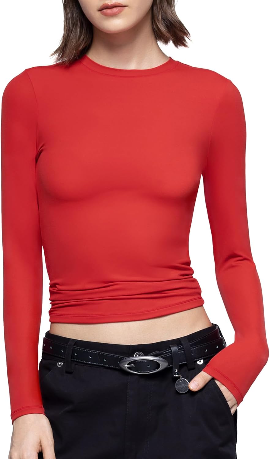 PUMIEY Women's Long Sleeve T Shirts Crew Neck Slim Fit Tops Sexy Basic Tee Smoke Cloud Pro Collection