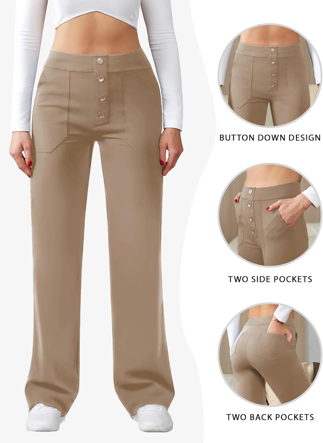 Womens Casual High Waist Straight Leg Pants Stretchy Button Business Dress Work Pocket Trousers