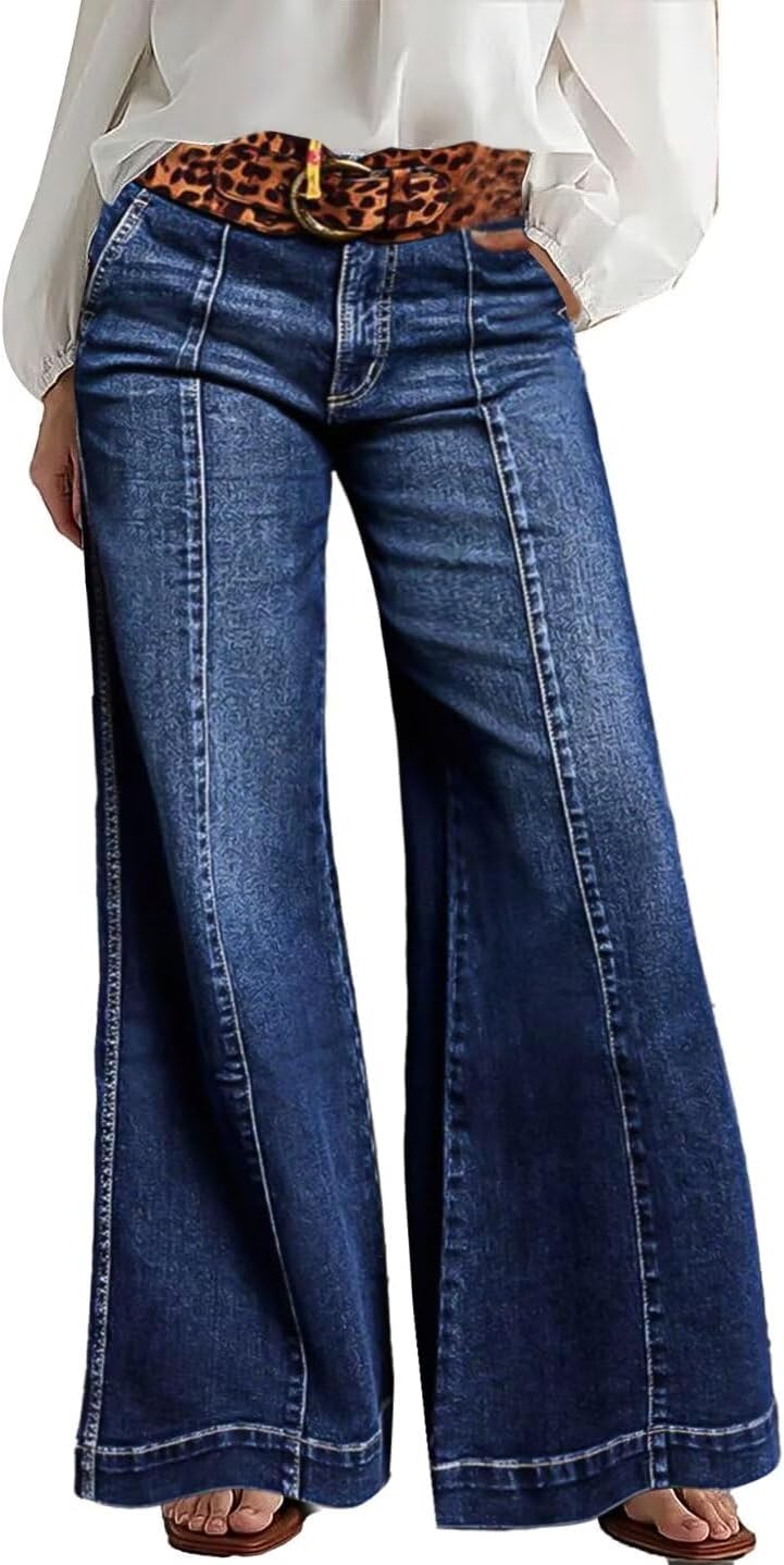 Flamingals Wide Leg Jeans for Women Mid Waist Baggy Stitch Decor Denim Washed Pants Without Belt