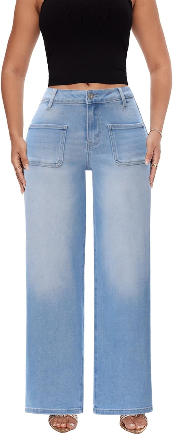 ONESO Mid-Low Rise Baggy Jeans Wide Leg for Women Distressed Pants Stretchy Bottom Lady Basic Comfortable Denim