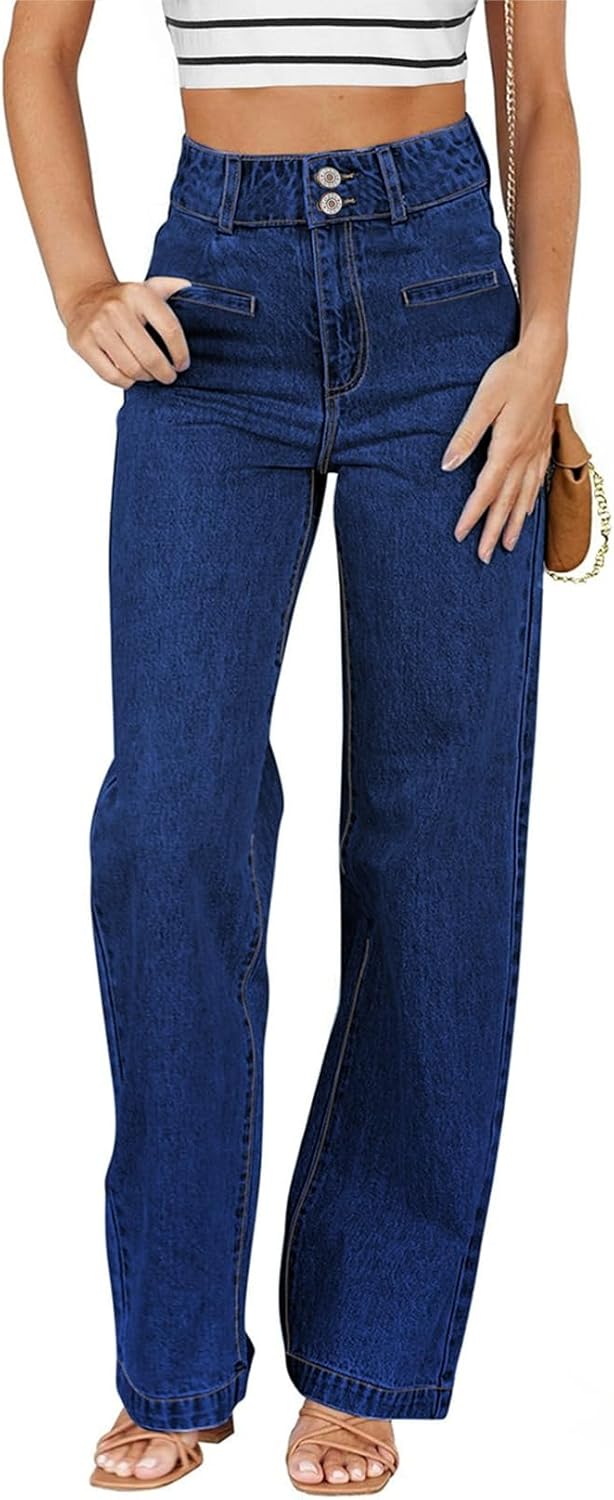 Sidefeel Women's Jeans High Waisted Straight Leg Stretchy Jeans Trendy Welt Pockets Loose Wide Leg Zimbaplatinum Denim Pants