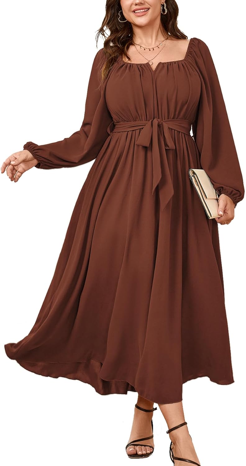 SCOMCHIC Women Plus Size Maxi Dress Long Sleeve Square Neck Wedding Guest Cocktail Belted Elegant Flowy A Line Long Dresses