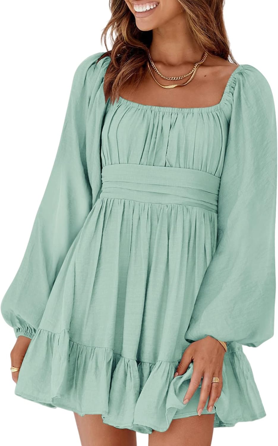 Dokotoo Womens Dress Long Lantern Sleeve Square Neck Tie Backless Sexy Dress Ruffle Elastic Waist A-Line Mini Dress