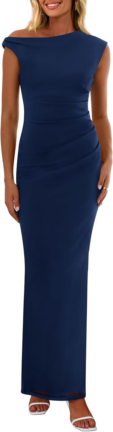 PRETTYGARDEN Women's 2025 Summer Formal Maxi Dresses Sleeveless One Shoulder Bodycon Ruched Mesh Wedding Guest Cocktail Dress