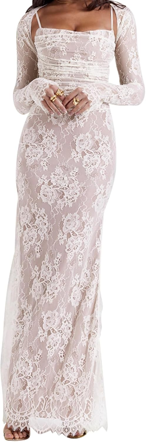 Women Vintage Cream Lace Maxi Dress Romantic Long Sleevees Lace Bodycon Dress