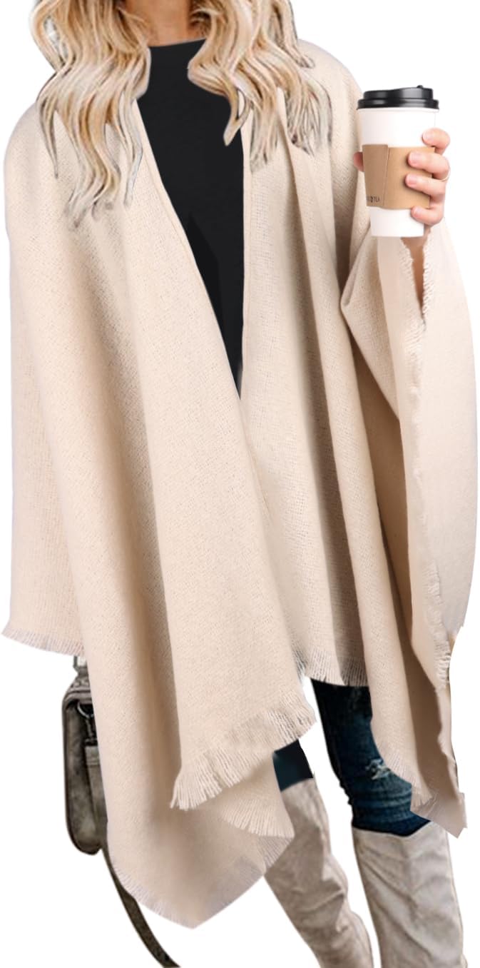 Bestshe Women's Boho Open Front Poncho Knitted Plaid Shawl Wrap Cape Tassel Cardigan Sweater