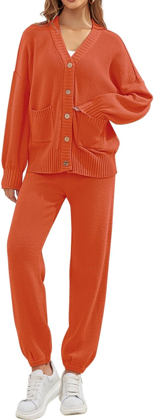 Women's 2 Piece Outfit Lounge Set Trendy Cardigan Sweater Pants Sets V Neck Button Pocket Knit Matching Loungewear