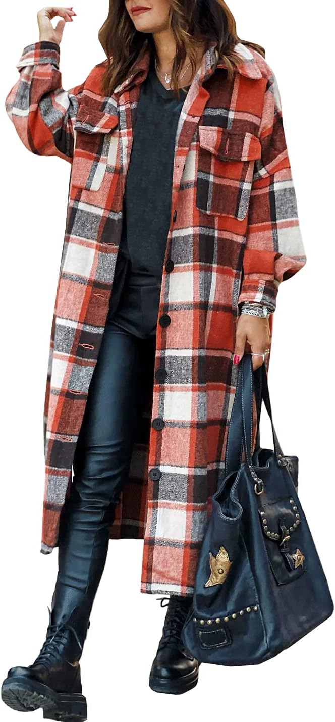 SKIKYAN Women Fall Flannel Plaid Shacket Jacket Oversized Button Down Long Shirt Jacket