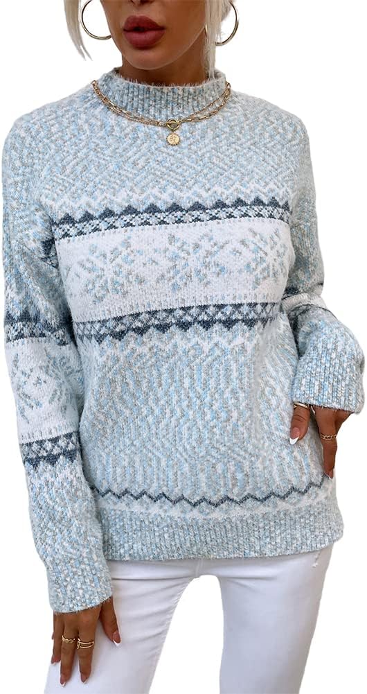 JUNBOON Women’s Casual Leopard Print Knitted Pullover Sweaters Long Sleeve Crew Neck Jumper Tops