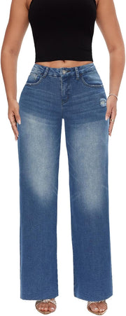 ONESO Mid-Low Rise Baggy Jeans Wide Leg for Women Distressed Pants Stretchy Bottom Lady Basic Comfortable Denim