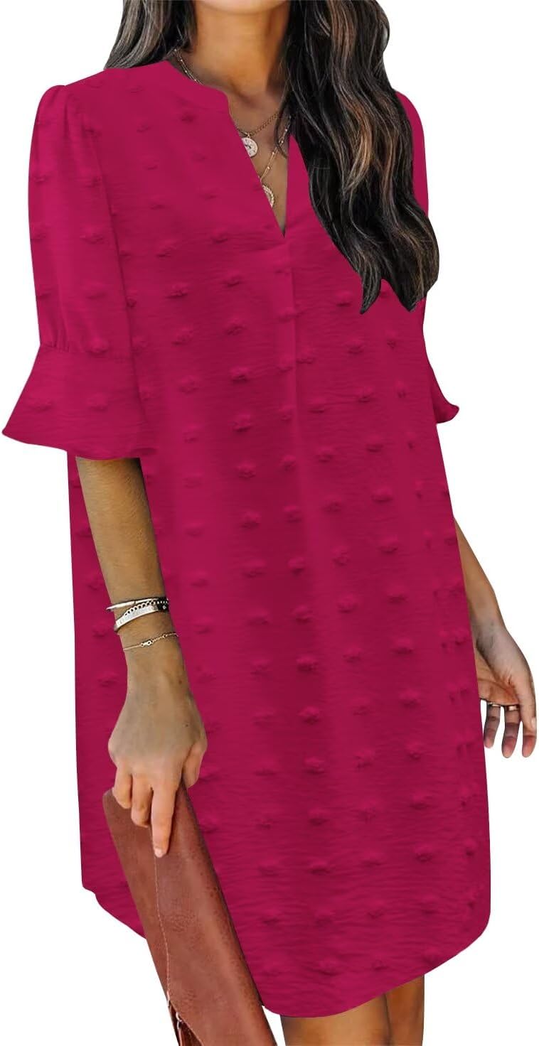 QACOHU Summer Dresses for Women V Neck Ruffle Short Sleeve Casual Shift Dress
