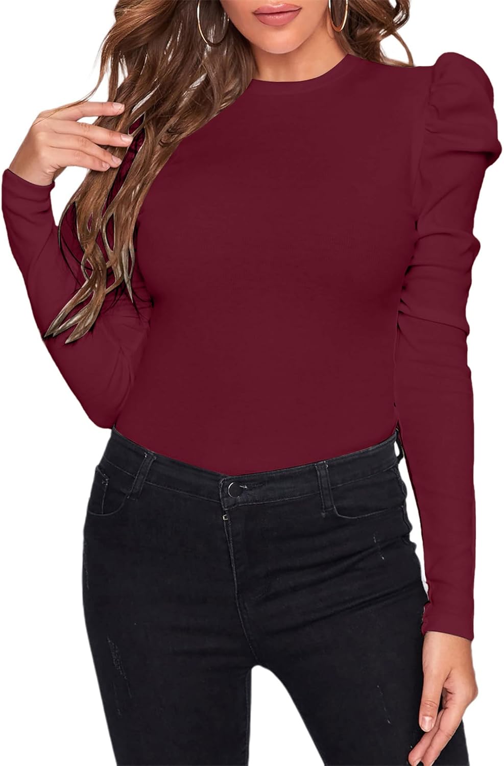 Remidoo Women's Solid Round Neck Puff Long Sleeve Slim Fit T Shirt Tops