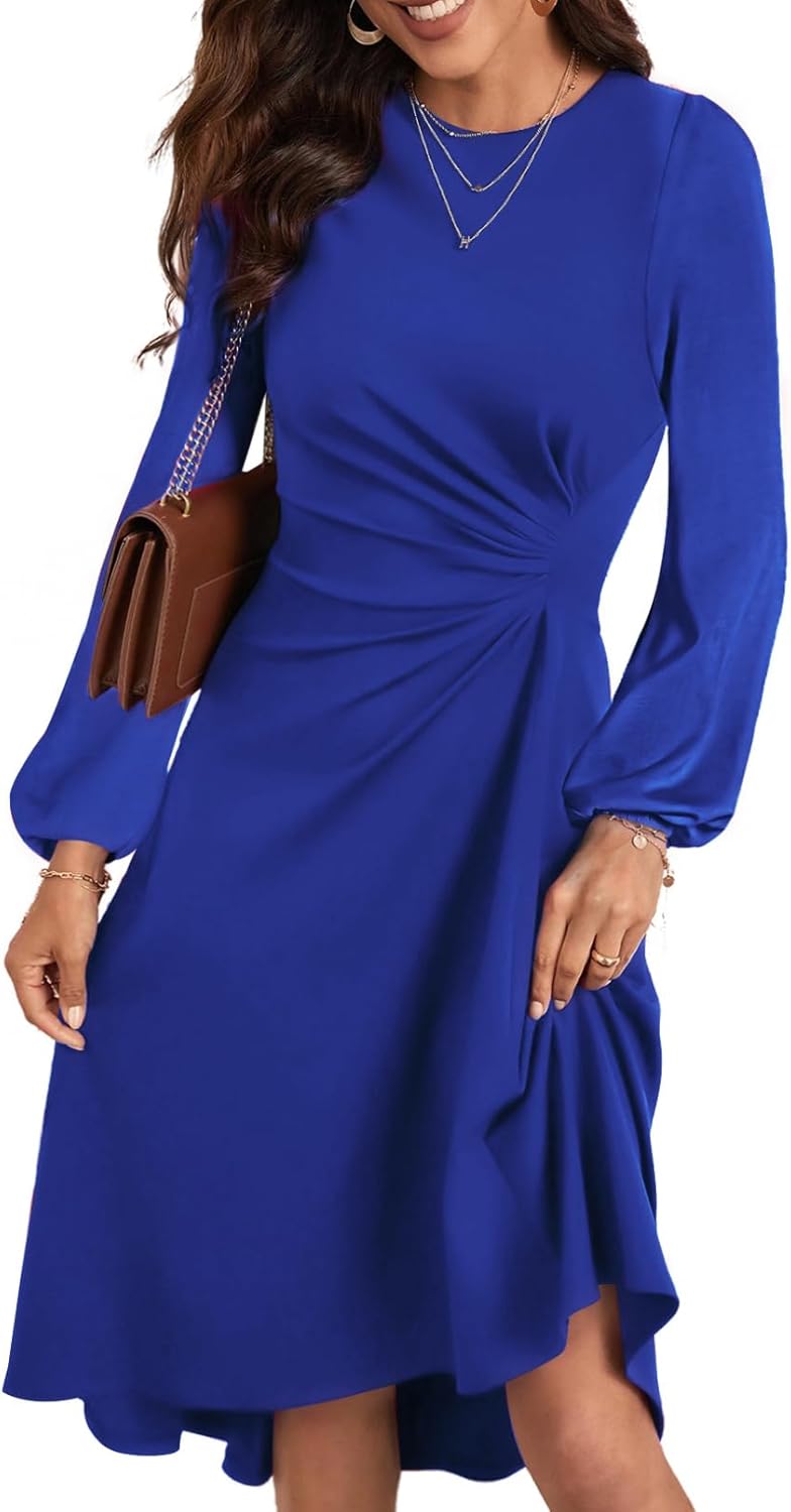 Happy Sailed Women's Long Sleeve Ruched Waist Flowy A Line High Low Midi Cocktail Party Dress