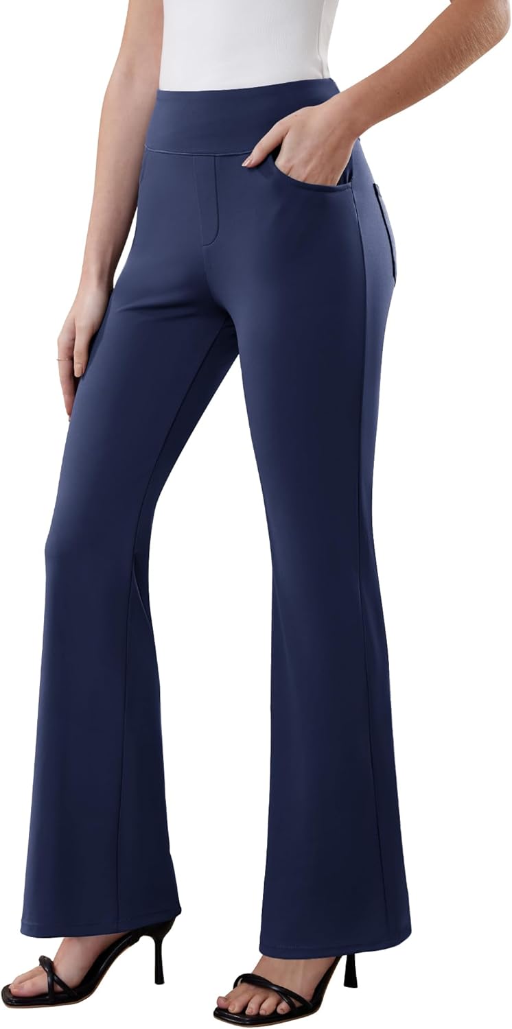 Womens Dress Pants Stretchy Work Pants Business Casual Office Trousers Pull On Flare Slacks with 4 Pockets