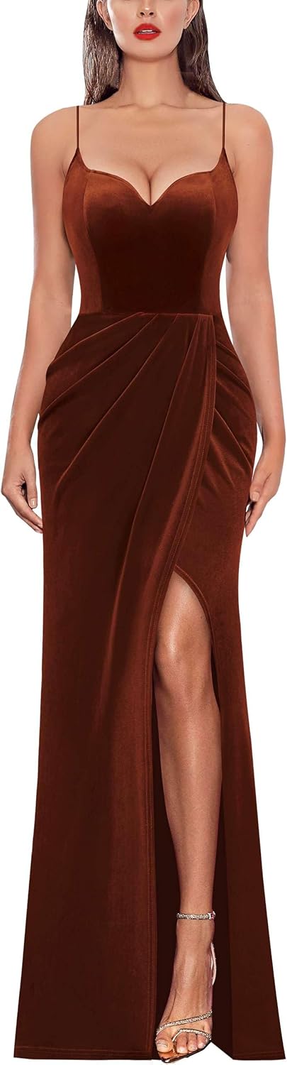 VFSHOW Womens Sexy Formal Ruched Fitted High Slit Bodycon Maxi Dress Spaghetti Strap Sweetheart Cocktail Prom Evening Gown