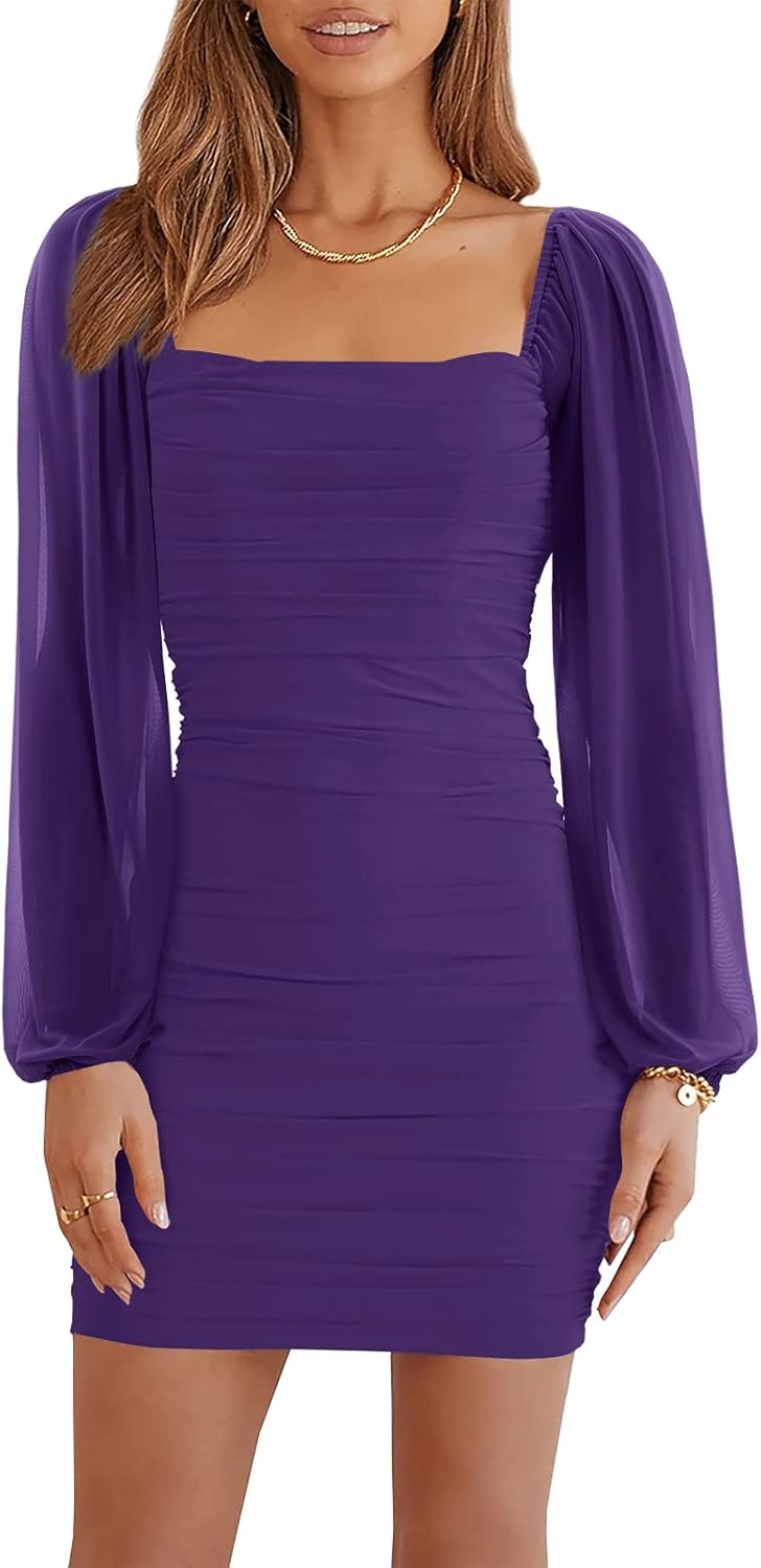 Wenrine Women's Mesh Long Sleeve Square Neck Ruched Party Club Cocktail Bodycon Mini Dress
