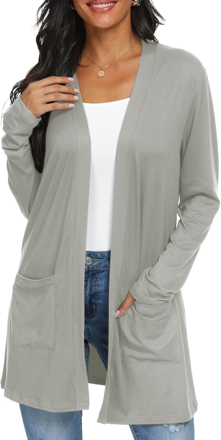 Womens Casual Lightweight with Pocketes Long Sleeve Open Front Cardigan