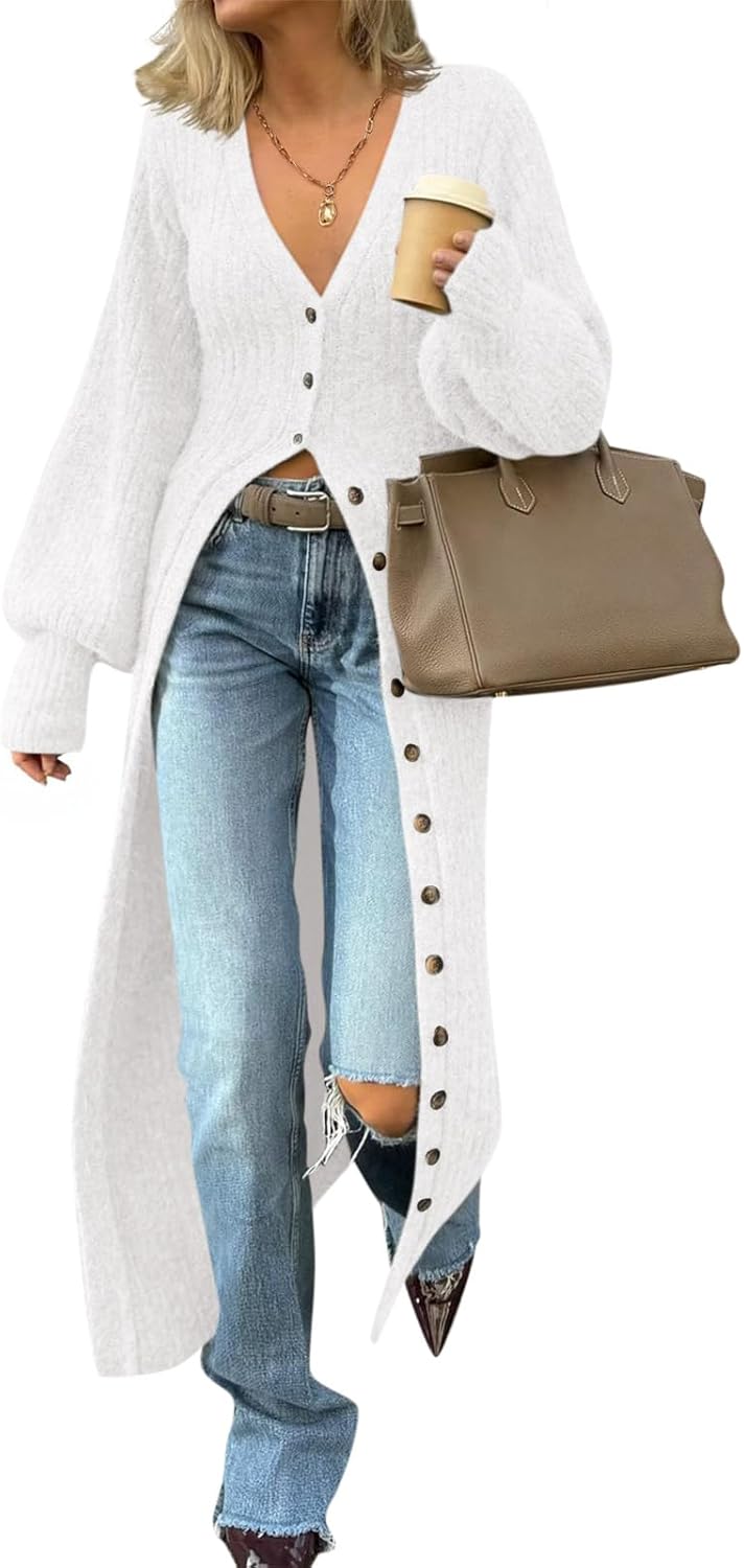 Saodimallsu Womens Long Cardigans V Neck Button Down Chunky Knit Dusters Sweater Coat Fall Trendy Maxi Sweater Dress