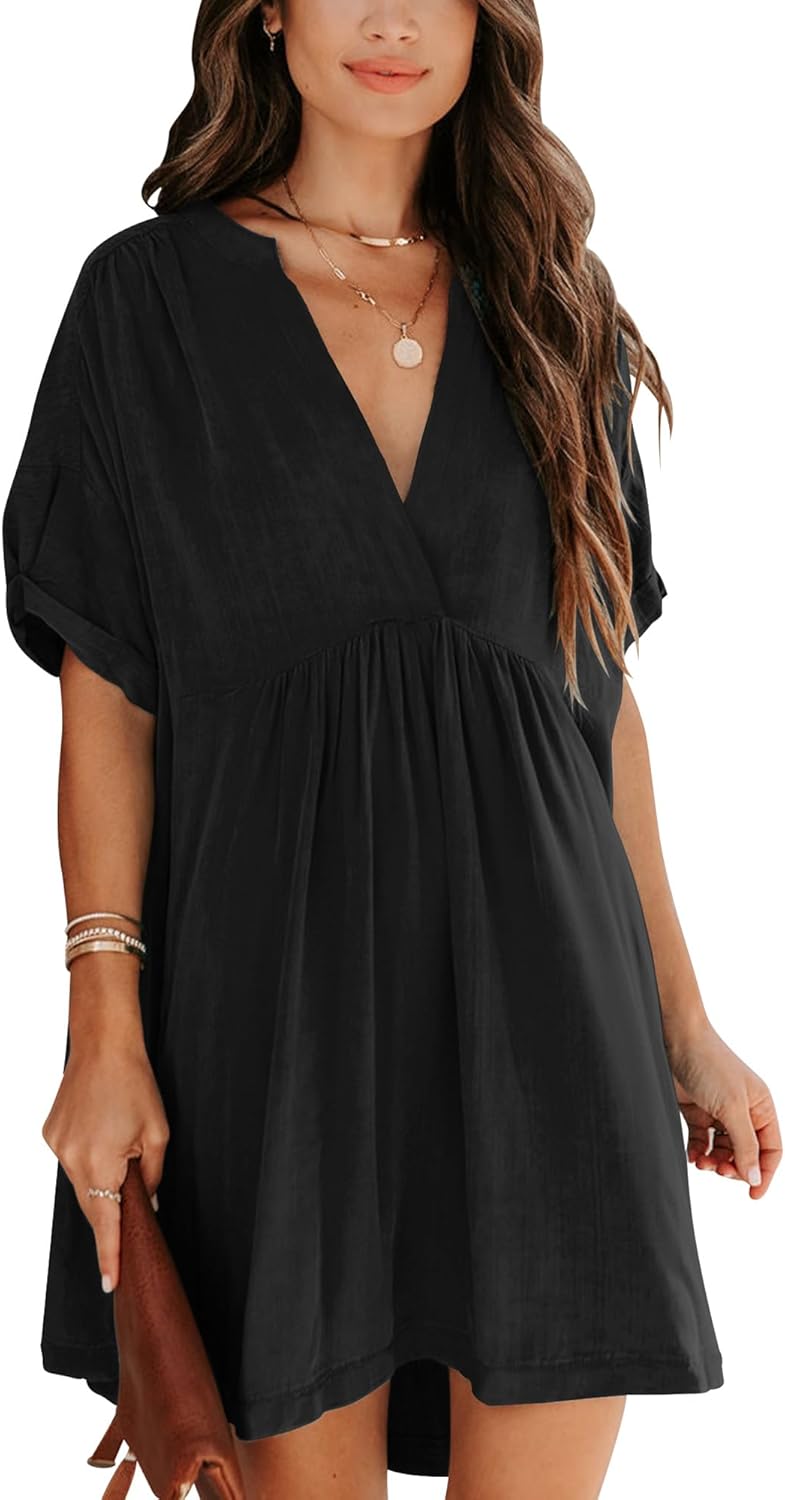 Minclouse Women's Babydoll Short Sleeve Tunic Dress V Neck Cute Casual Loose Dresses