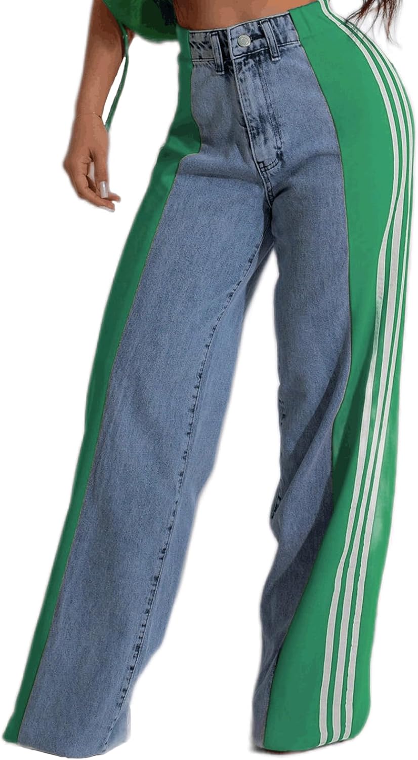 Angsuttc Womens Jeans with Patchwork Stripes High Waisted Stretchy Denim Color Block Straight Wide Leg Trendy Jean