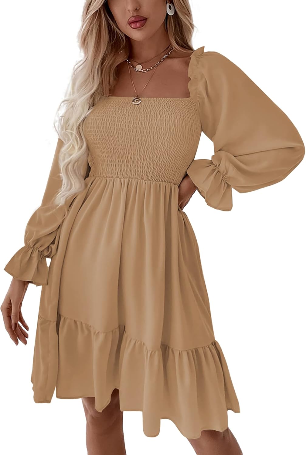 LYANER Women's Square Neck Lantern Long Sleeve Ruffle Shirred Flowy Party Mini Dress