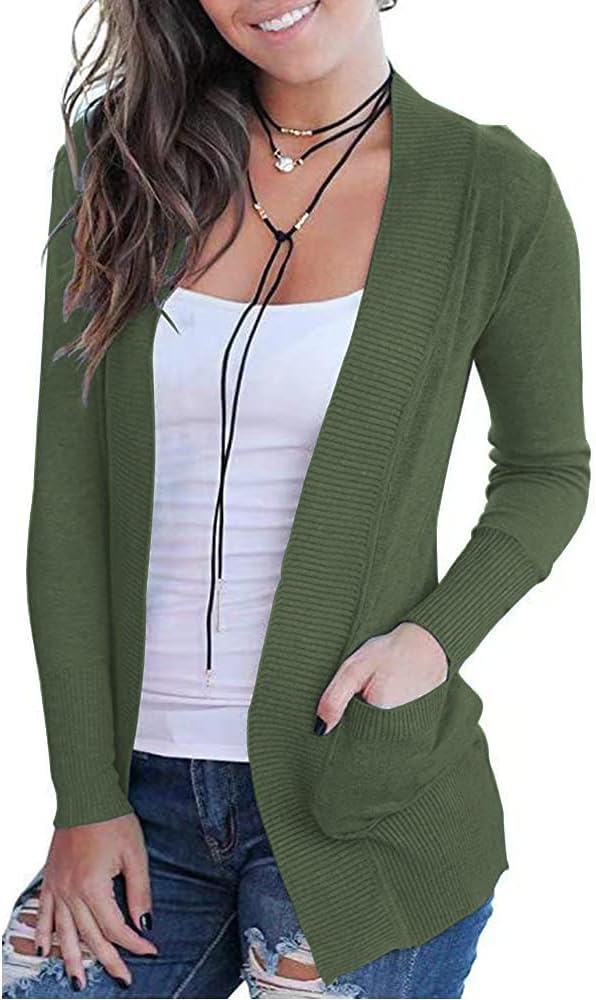 VOIANLIMO Women's Open Front Casual Long Sleeve Knit Classic Sweaters Cardigan with Pockets