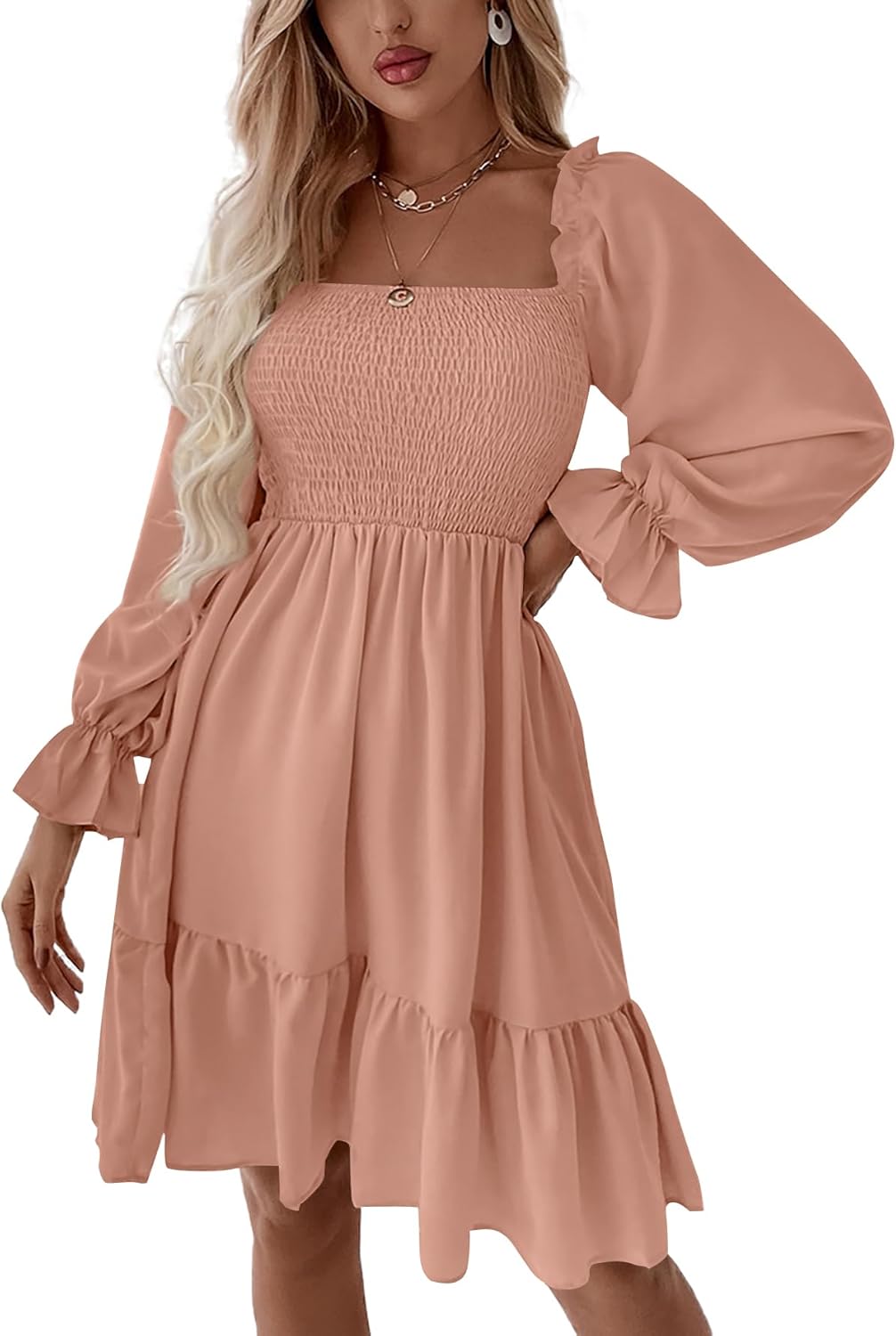 LYANER Women's Square Neck Lantern Long Sleeve Ruffle Shirred Flowy Party Mini Dress