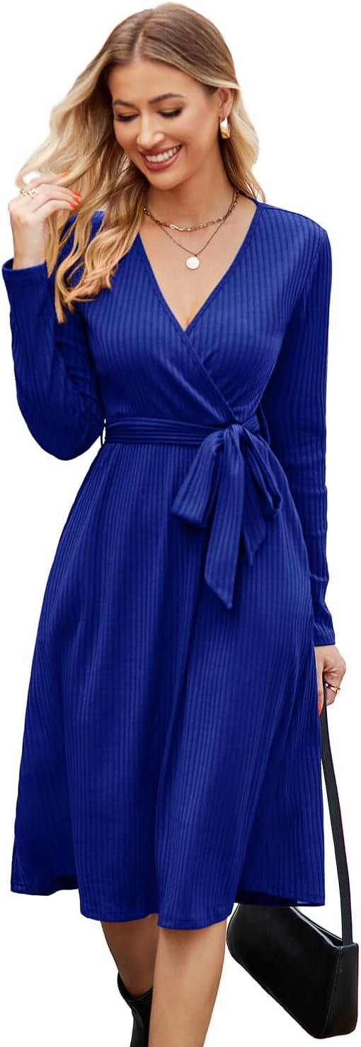 Newshows Womens 2025 Fall Dresses Teacher Church Business Casual Work Outfits Knit Midi Sweater Pockets Belt Dress