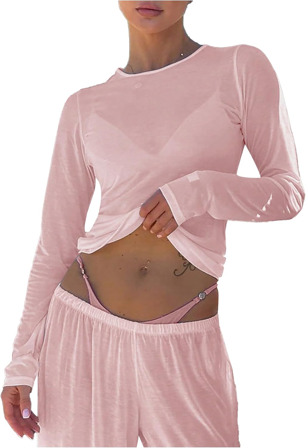 Women's Sheer Mesh Long Sleeve T Shirts Boat Neck Slim Fit Tee Tops Going Out See Through Shirts