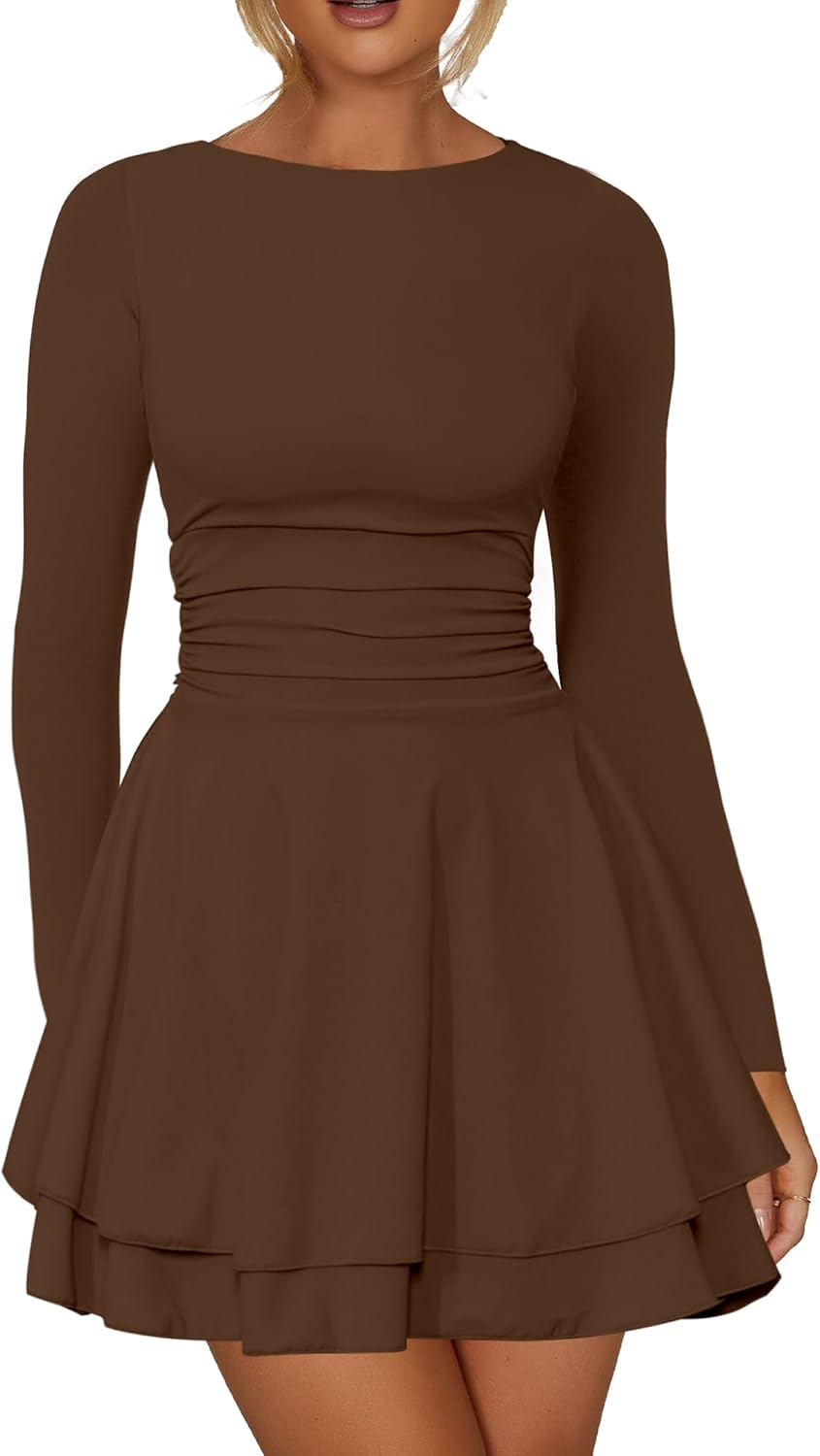 Kaximil Women's Crew Neck Long Sleeve Corset Mini Dress Ruffle Hem Short Party Club Dresses