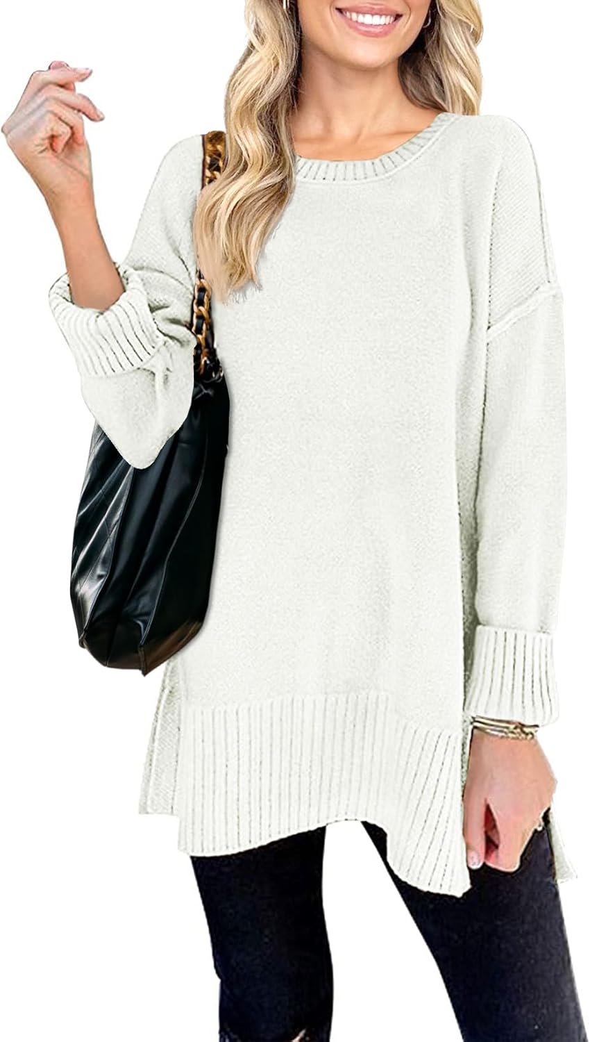 MEROKEETY Women's 2025 Fall Winter Oversized Pullover Sweater Casual Loose Crew Neck Long Sleeve Side Split Jumper Tops
