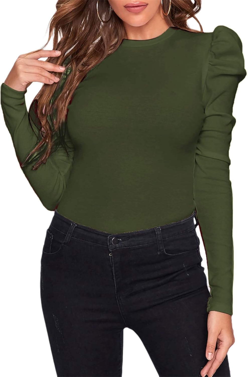 Remidoo Women's Solid Round Neck Puff Long Sleeve Slim Fit T Shirt Tops