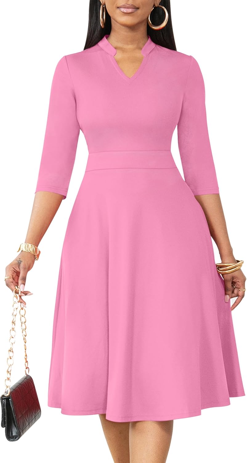Nmoder Casual Dresses for Women Semi Formal Fit and Flare 3/4 Sleeve A-line Church Work Dress with Pockets