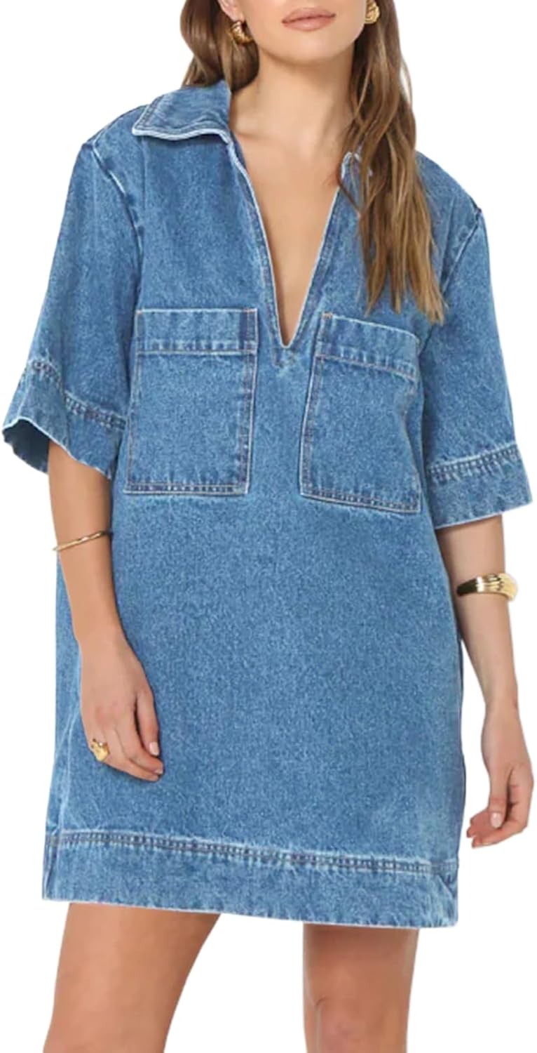 Fisoew Womens Denim Shirt Dress Summer Collared V Neck Mini Casual Jean Dresses with Pockets
