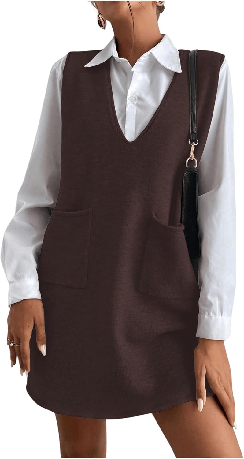 OYOANGLE Women's V Neck Sleeveless Knitted Solid Short Sweater Dress with Pockets