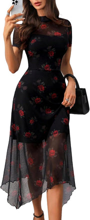GothDark Women's 2025 Summer Floral Print Vintage Goth Dress Mesh Spliced Double-Layered Irregular Hemline Midi Dress