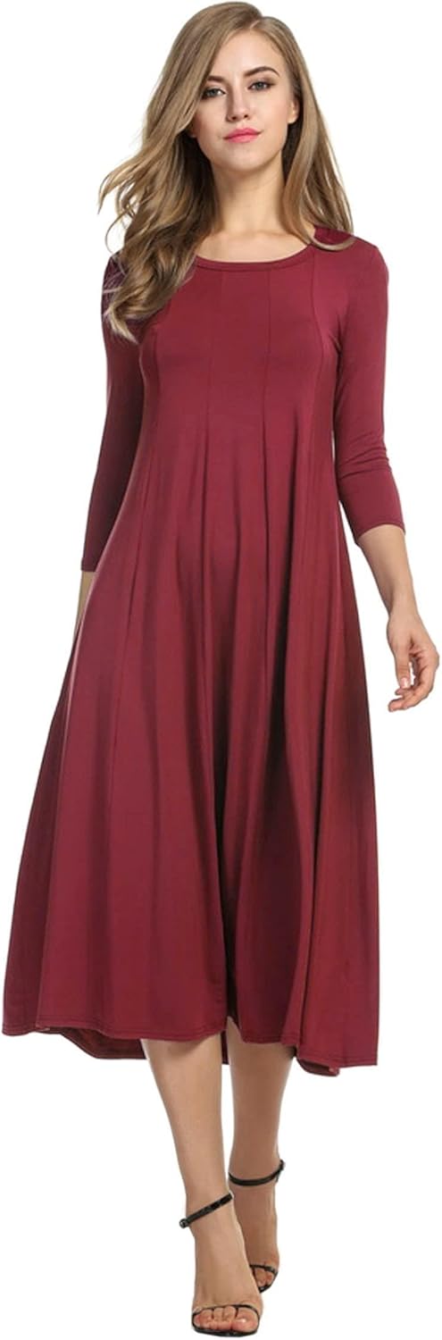 HOTOUCH Women's 3/4 Sleeve A-line and Flare Midi Long Dress