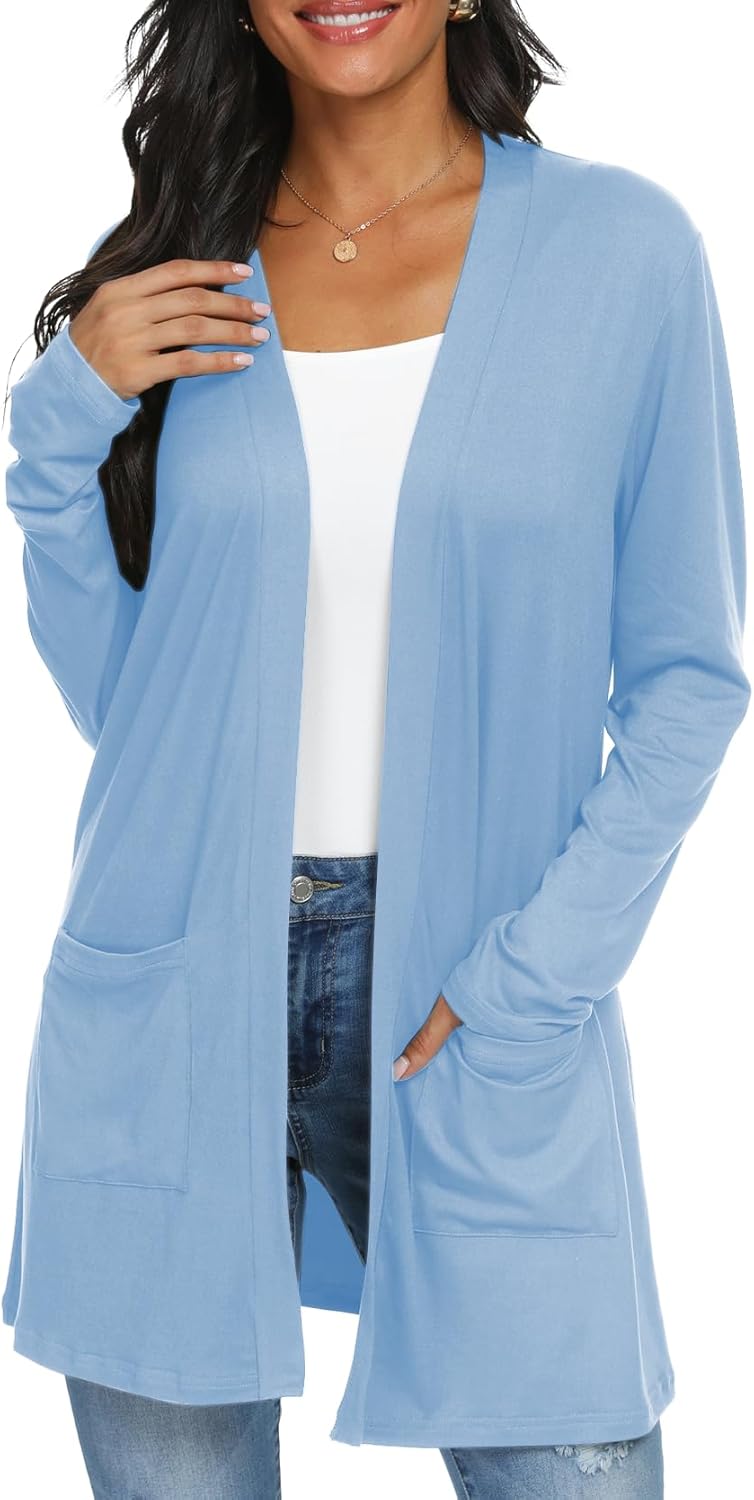 Womens Casual Lightweight with Pocketes Long Sleeve Open Front Cardigan