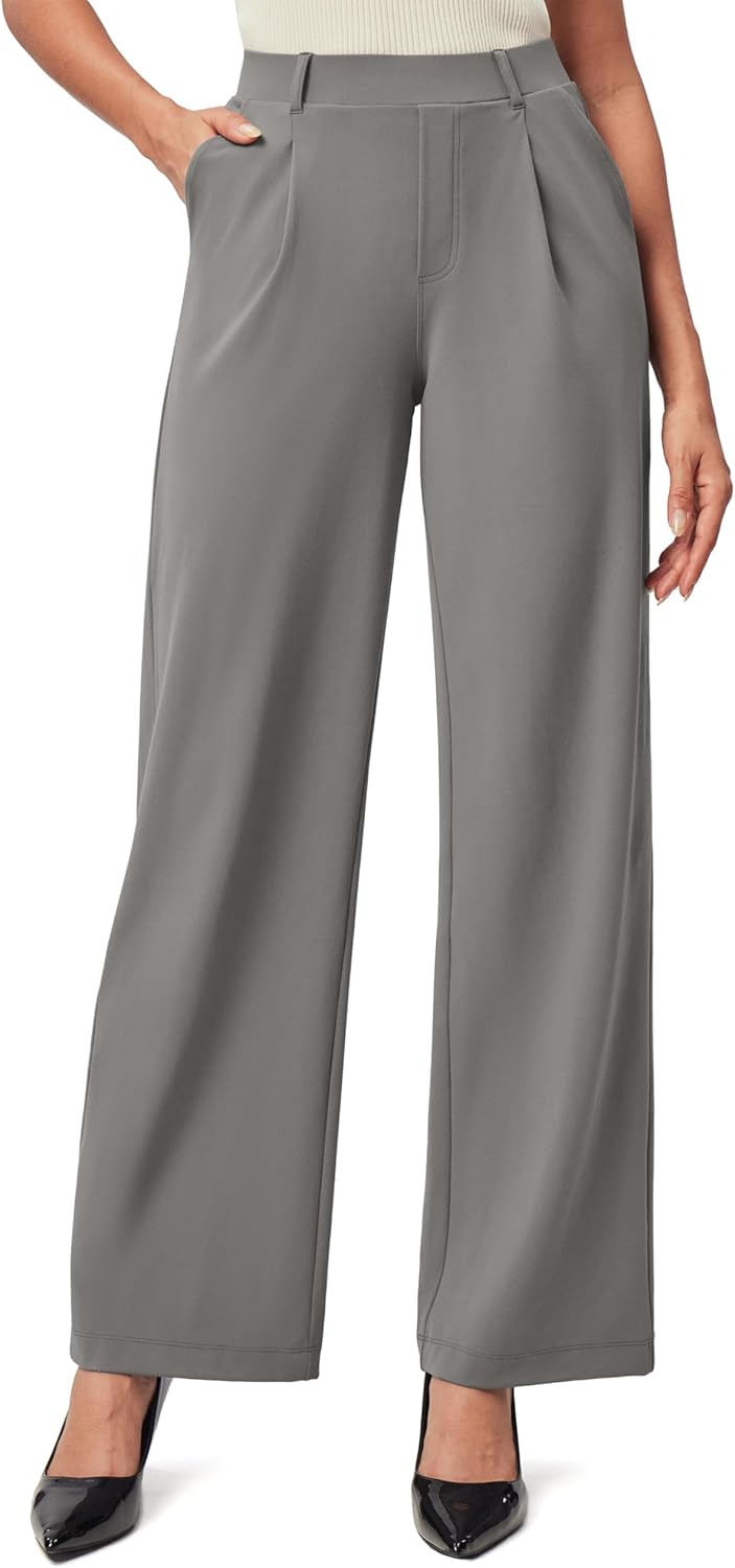 IUGA Womens Dress Pants Wide Leg Pull On Stretchy Work Pants Women High Waisted Business Casual Trousers with Pockets