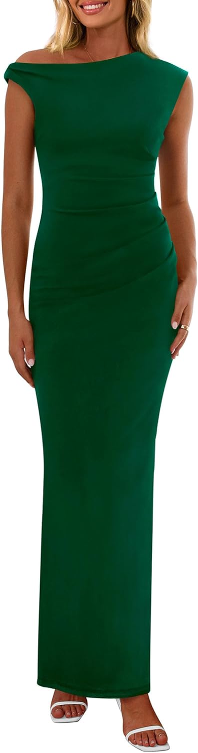 PRETTYGARDEN Women's 2025 Summer Formal Maxi Dresses Sleeveless One Shoulder Bodycon Ruched Mesh Wedding Guest Cocktail Dress