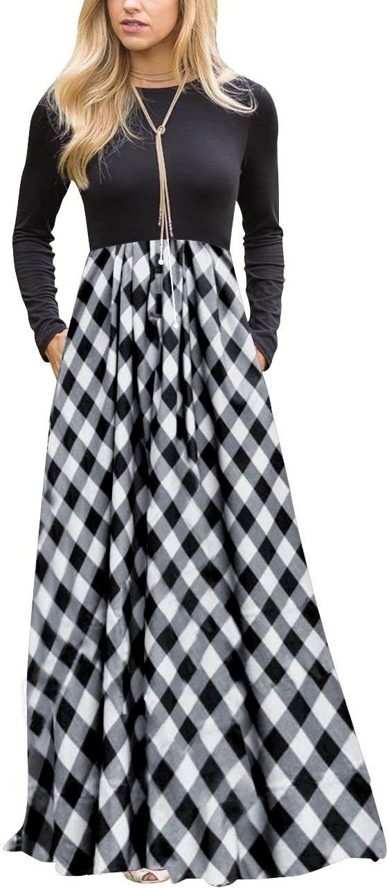 MEROKEETY Women's Long Sleeve Plaid Empire Waist Full Length Maxi Dress with Pockets