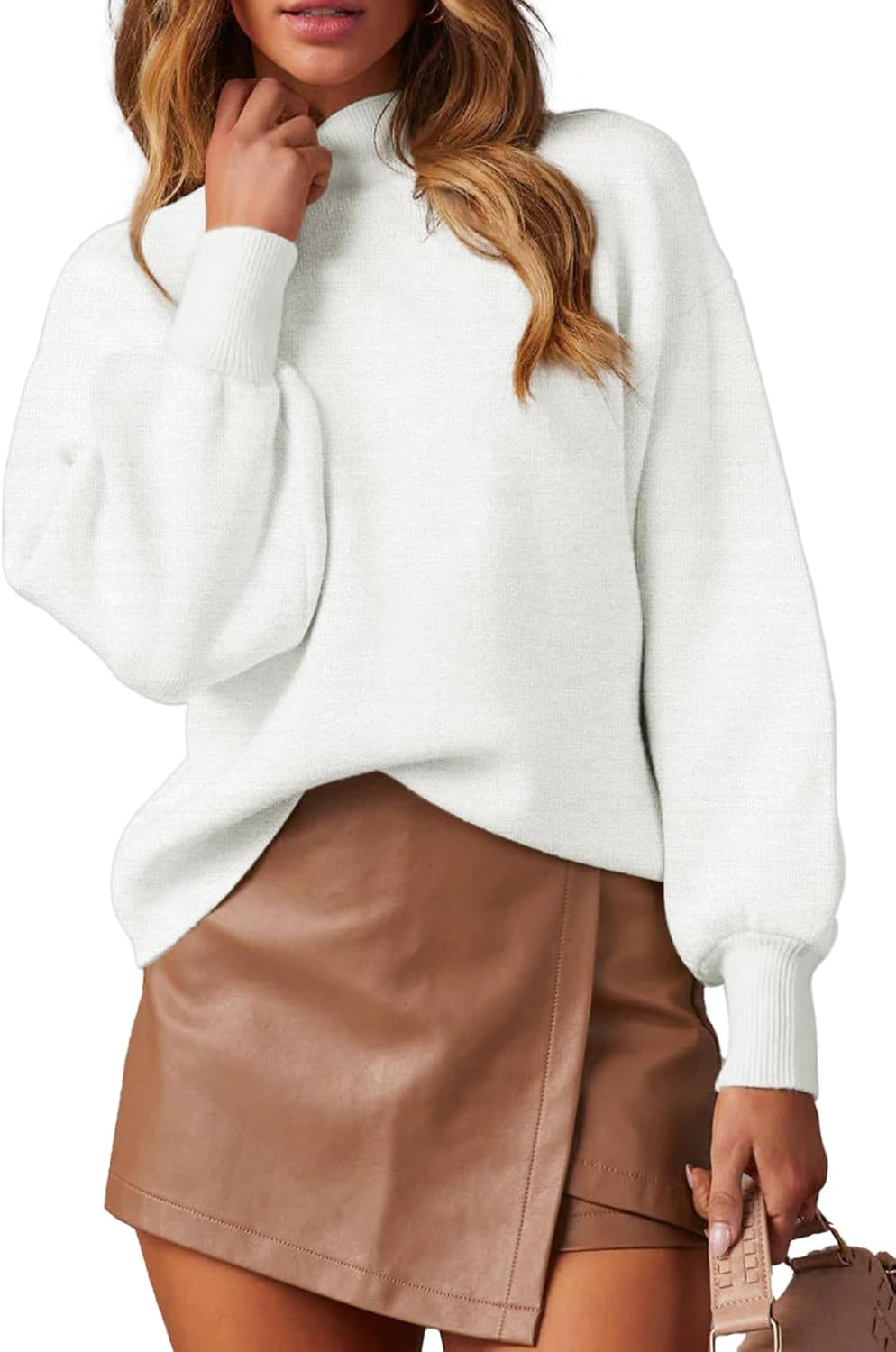 WEACZZY Women's 2025 Fall Fashion Casual Sweaters Mock Neck Long Lantern Sleeve Lightweight Knit Pullover Sweater Tops